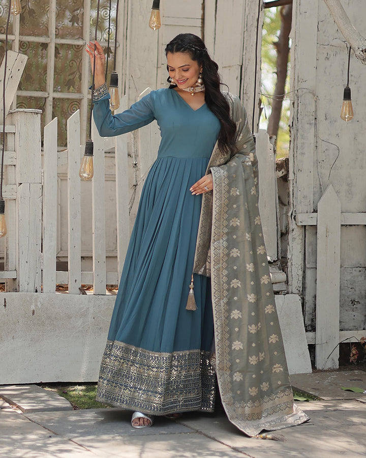 Sky Blue Color Georgette Gown With Jacquard Dupatta