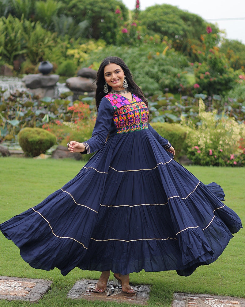 Designer Navy Blue Flared Navratri Gown With Mirror Work Yoke