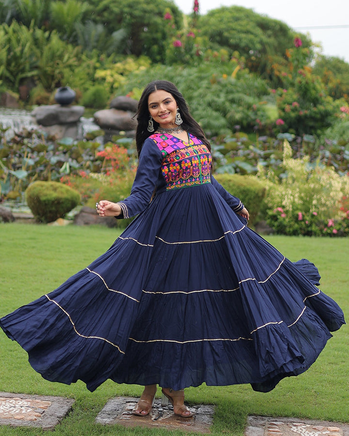 Designer Navy Blue Flared Navratri Gown With Mirror Work Yoke
