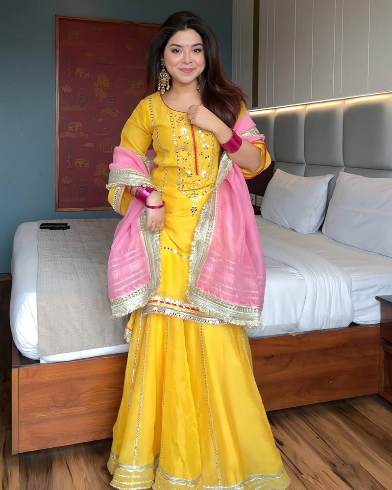 Yellow Color Chinon Silk Embroidered Sharara Suit