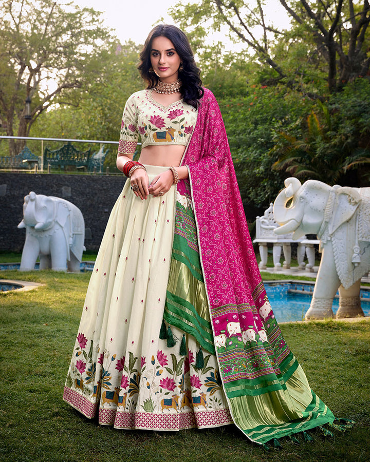 Lotus Design Off-White Color Khadi Cotton Embroidered Lehenga Choli