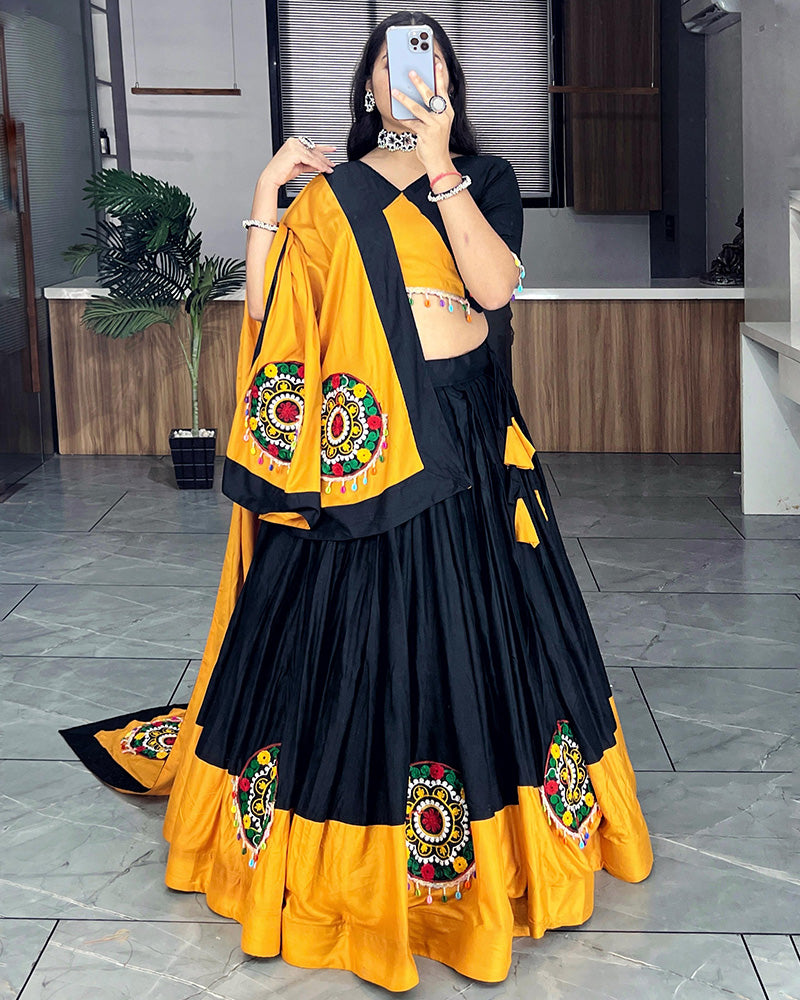 Vibrant Mustard and Black Rayon Cotton Navratri Lehenga Choli