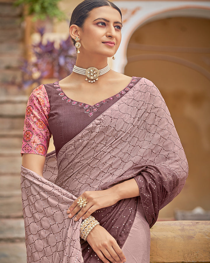 Dusty Pink Color Chinnon Sequence Saree