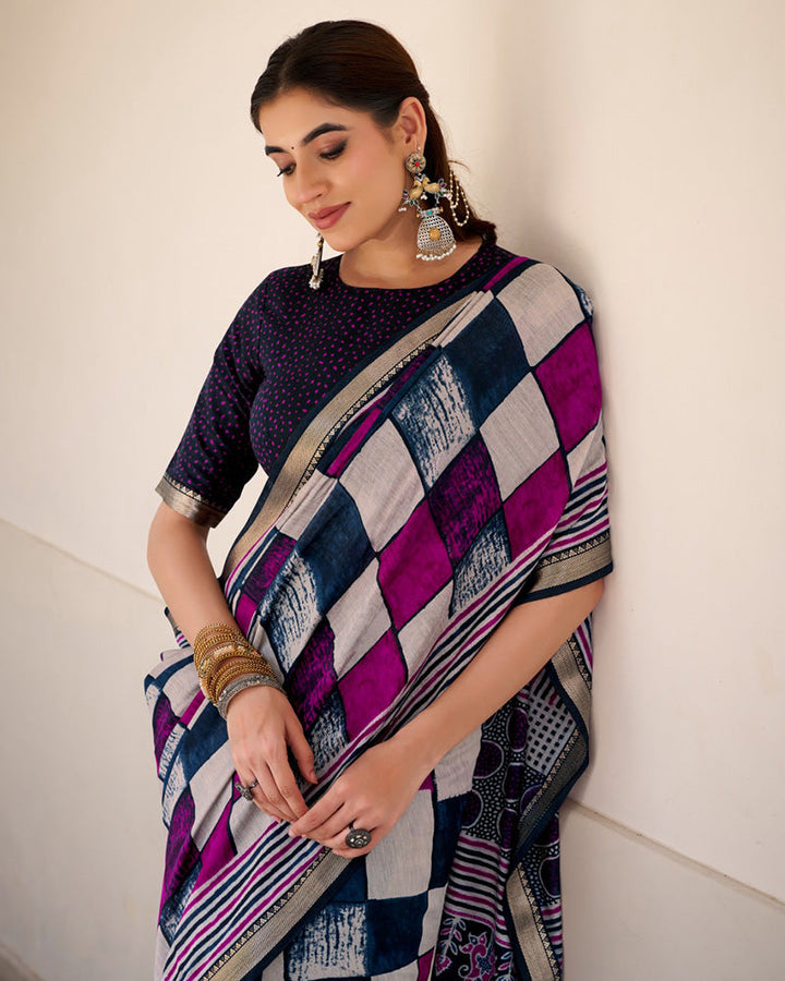 Navy Blue Color Polyester Chanderi Printed Saree