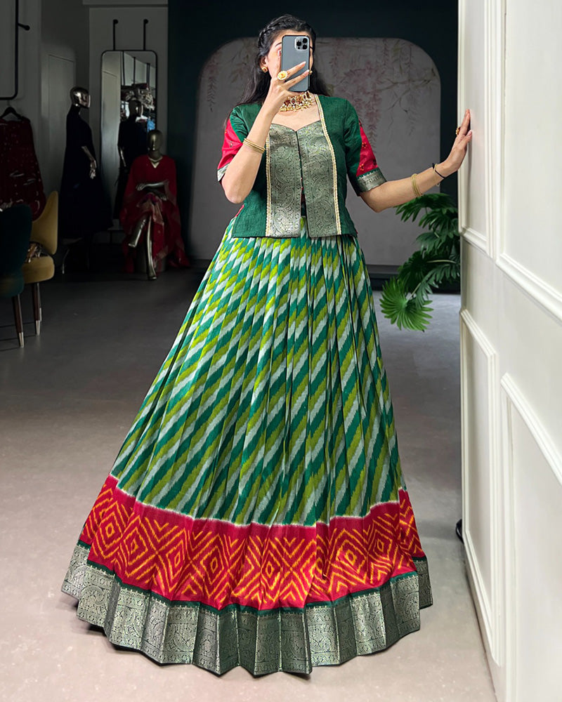 Green Color Tasar Silk Printed Zari Weaving Lehenga Choli