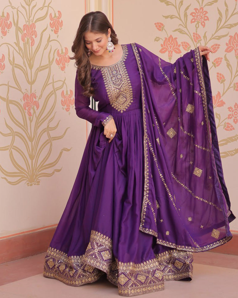 Designer Purple Color Star Georgette Embroidered Gown