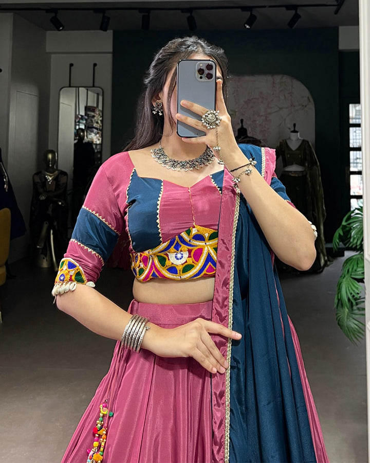 Charming Pink and Navy Blue Silk Crape Lehenga Choli With Traditional Touch