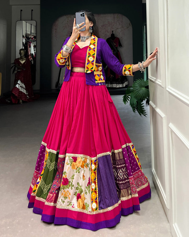 Pink Color Pure Rayon Gamthi Work Navratri Lehenga Choli
