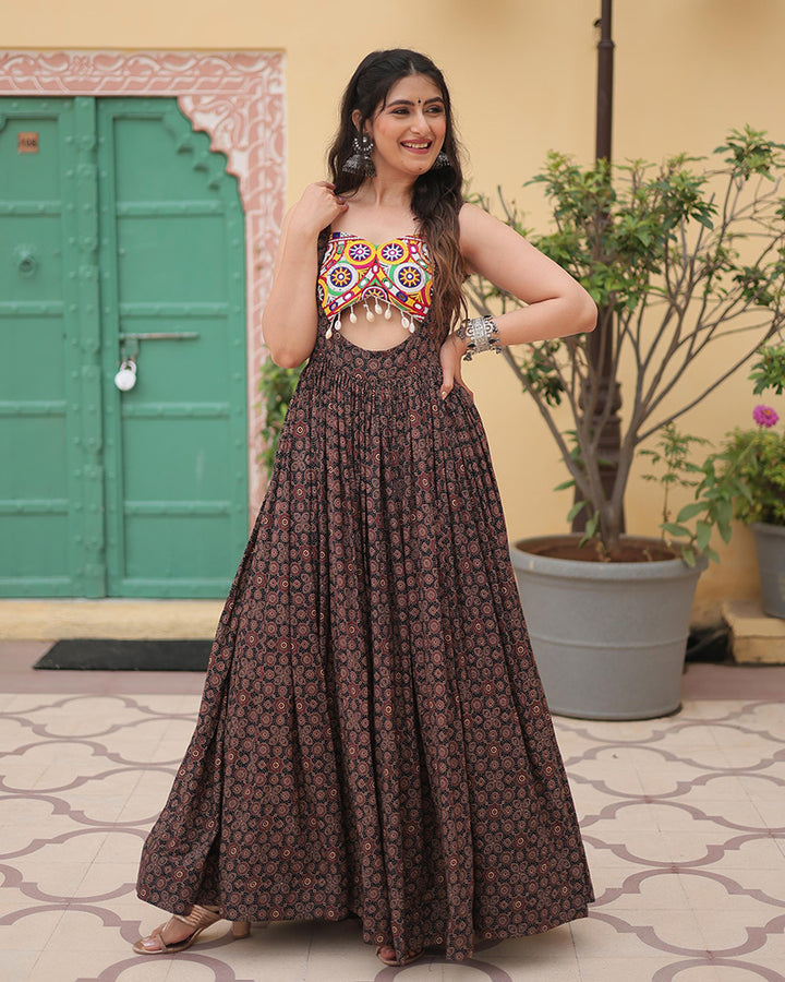 Navratri Special Black Color Cotton Printed Gown