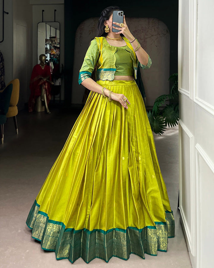 Parrot Green Color Poly Cotton Zari Weaving Lehenga Choli
