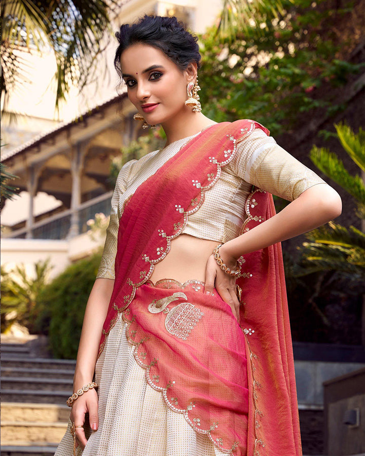 Designer Off-White Color Jacquard Chex Lehenga Choli