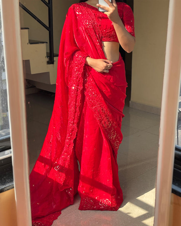 Red Color Space Silk Sequence Embroidered Saree