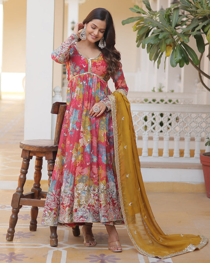 Off White Floral Soft Georgette Three Piece Anarkali Suit
