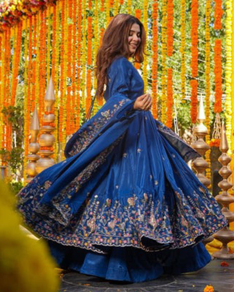 Blue Color Crunchy Silk Embroidered Sharara Suit