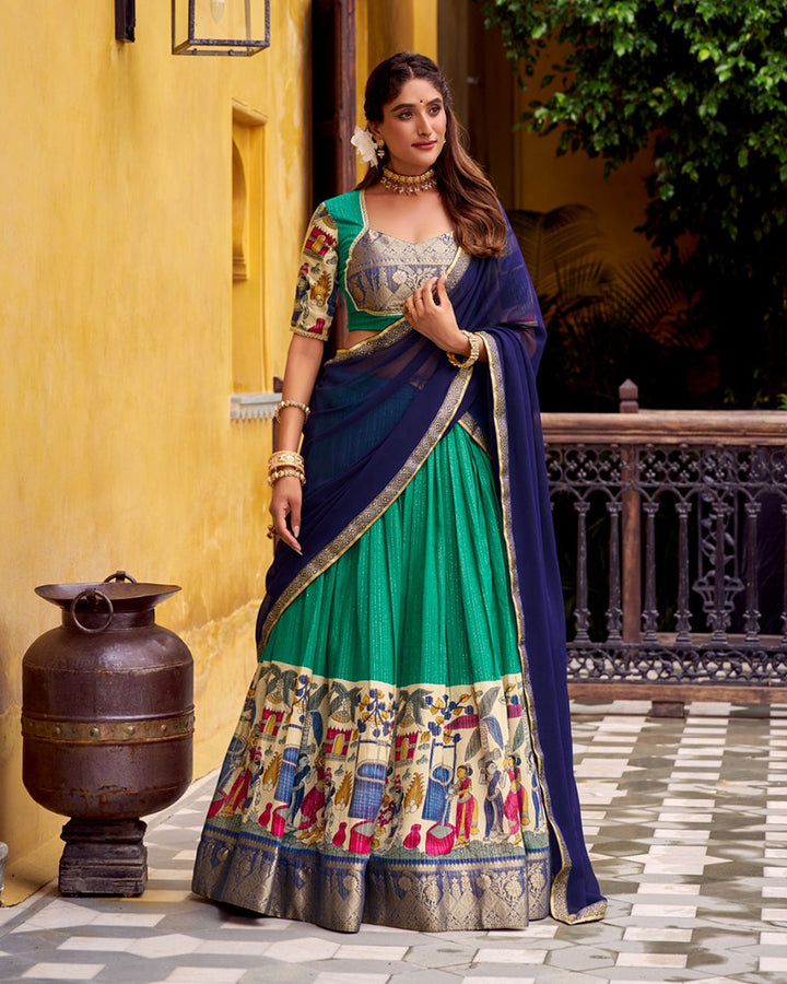 Bottle Green Color Poly Chanderi Kalamkari Printed Lehenga Choli