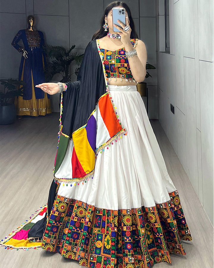 8 Multi Color Designer Pure Rayon Cotton Gamthi Work Navratri Lehenga Choli
