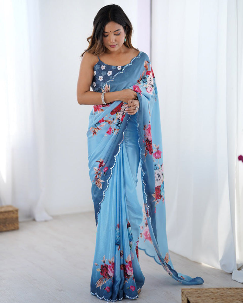 Sky Blue Color Chinnon Silk Digital Printed Saree