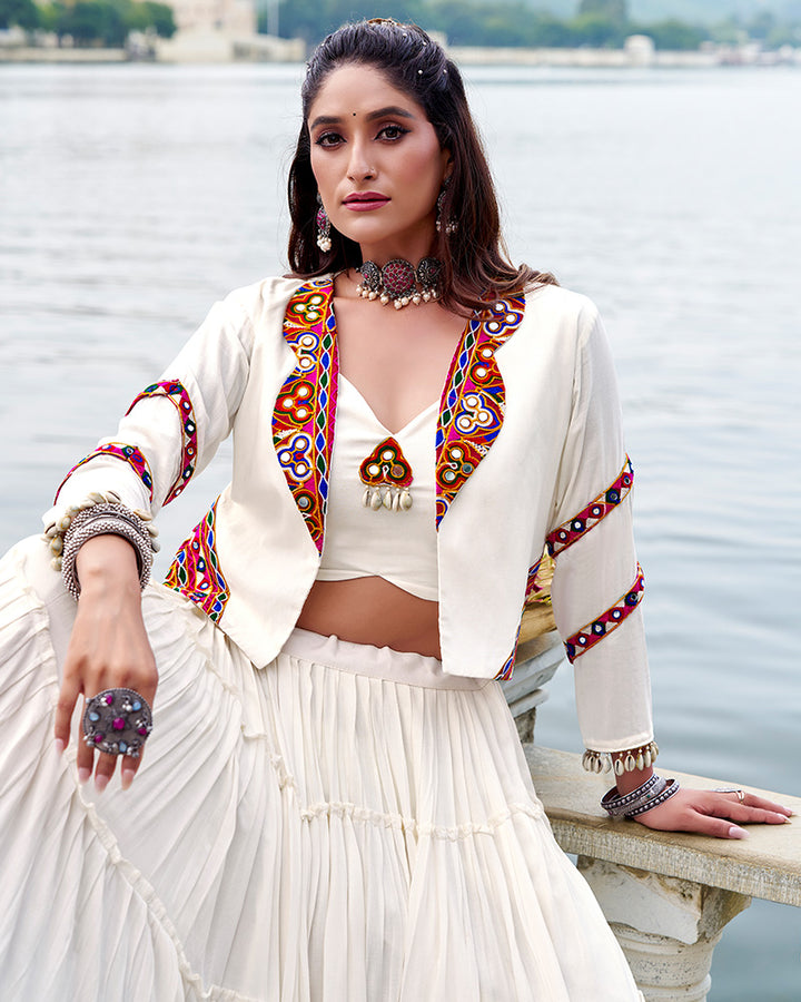 White Color Pure Rayon Ruffle Style Navratri Lehenga Choli