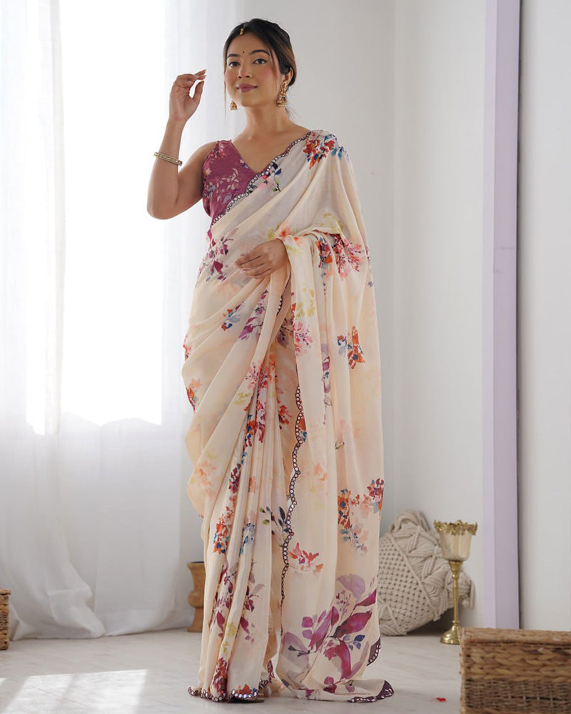 Cream Color Chinnon Silk Printed Saree