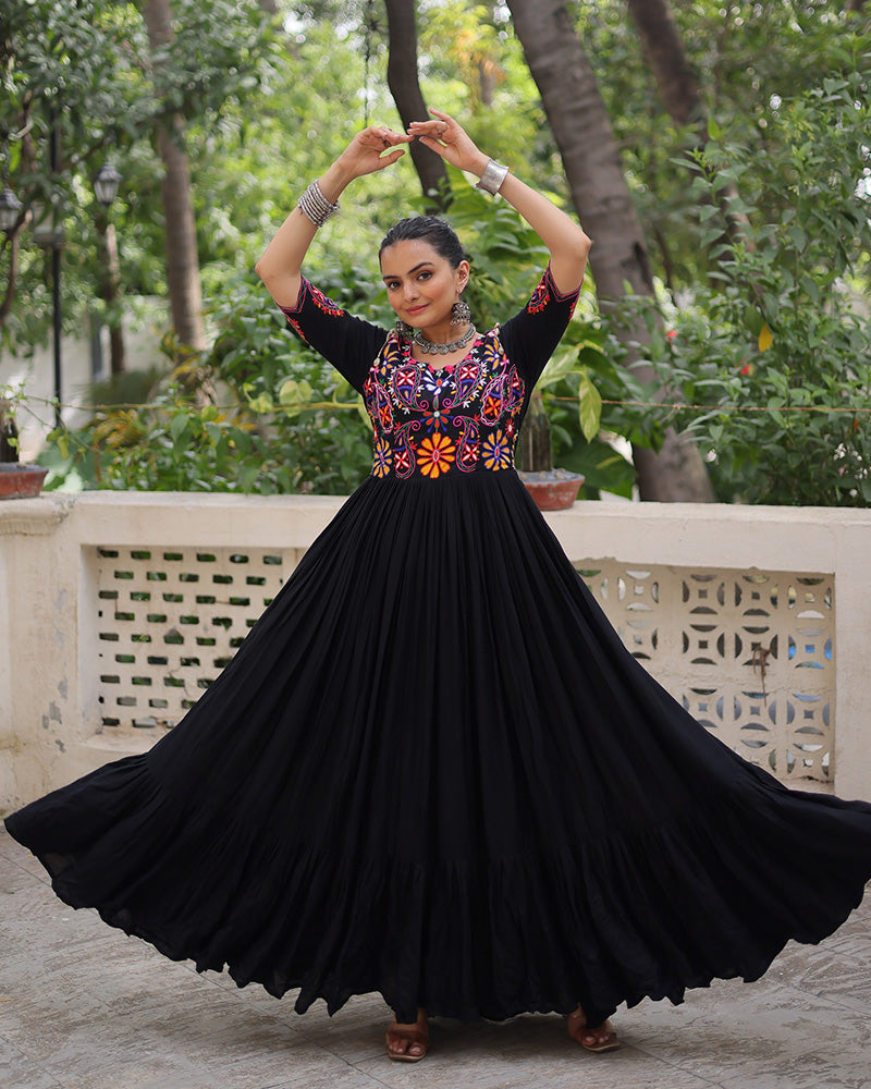 Navratri Wear Black Color Rayon Gamthi Work Gown