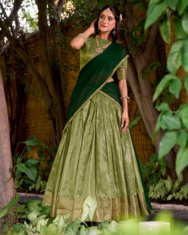 Pista Color Dupion Silk Zari Weaving Half Saree