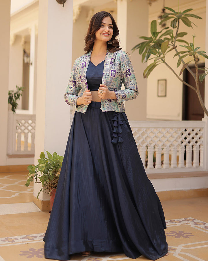 Navy Blue Color Pure Chinon Wedding Lehenga Choli