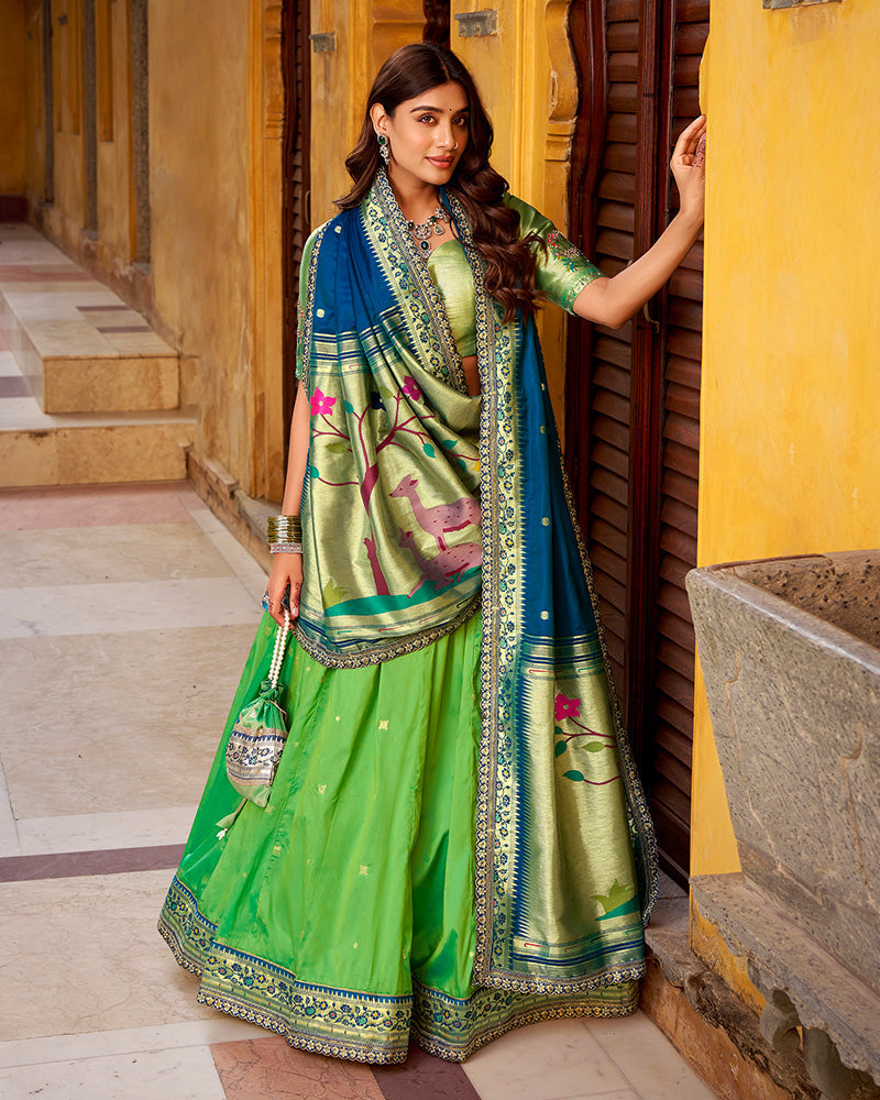 Parrot Green Color Soft Silk Paithani Lehenga Choli