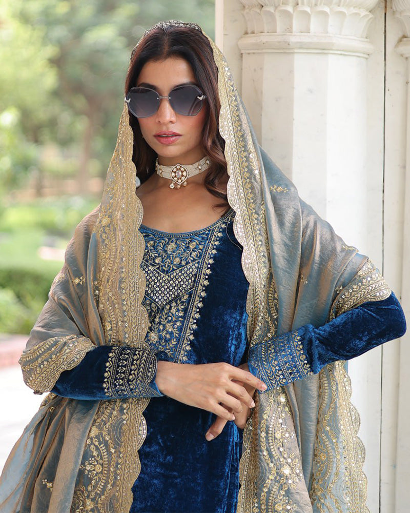 Morpich Color Velvet Three Piece Kurti Suit