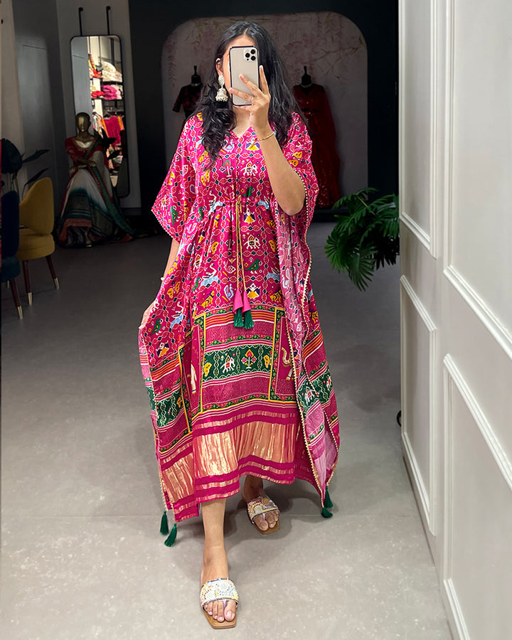 Pink Color Digital Print Gaji Silk Kaftan