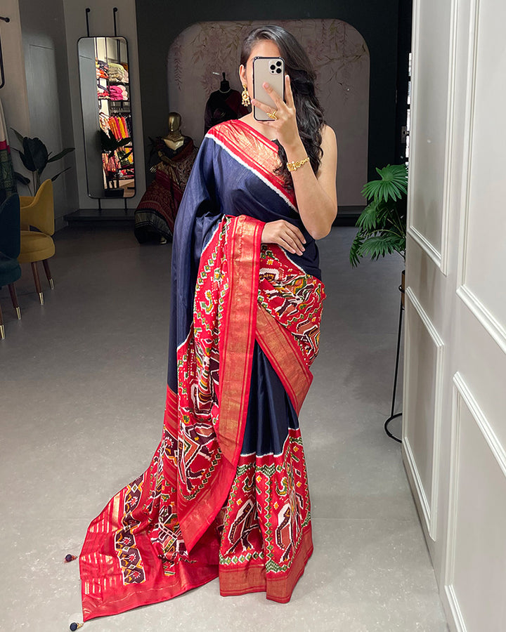 Navy Blue Color Patola Print With Foil Work Dola Silk Saree