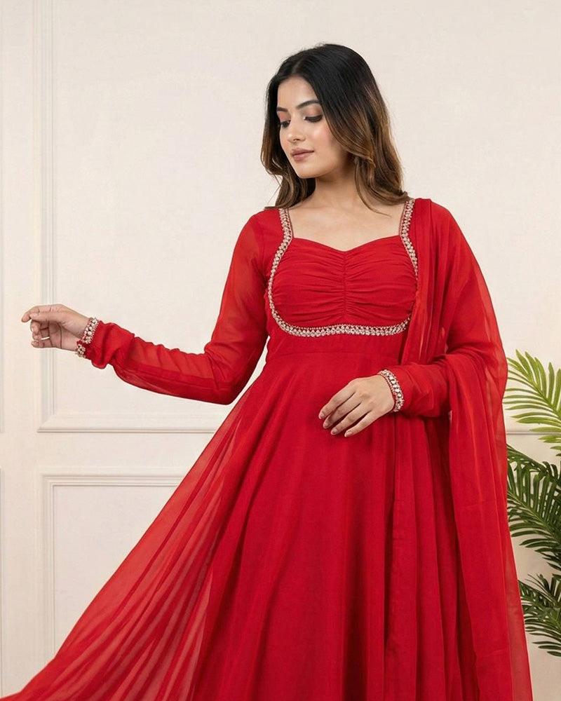 Red Color Pure Blooming Georgette Anarkali Suit