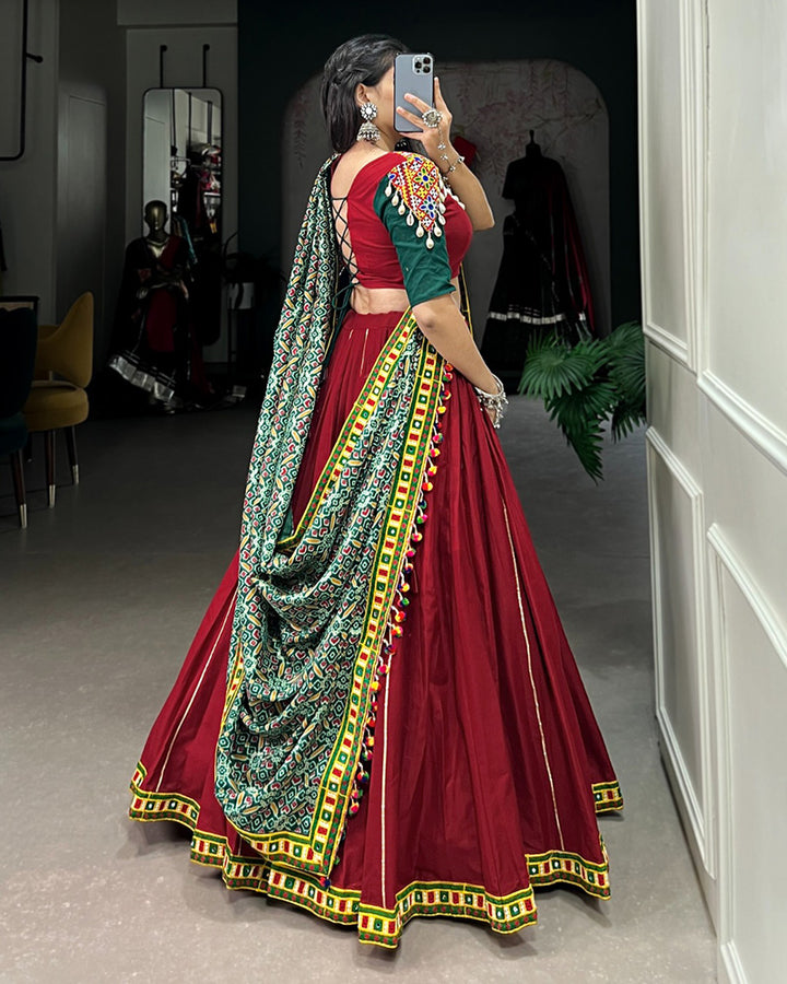 Designer Maroon Color Cotton Real Mirror Navratri Lehenga Choli