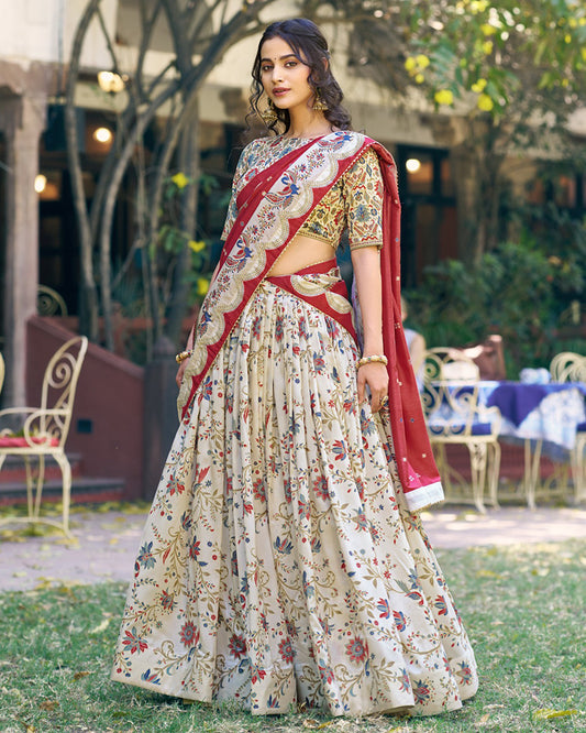 Off-White Color Tasar Silk Foil Printed Lehenga Choli