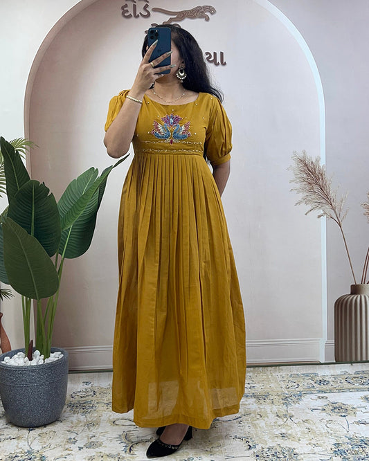 Mustard Color Mal Cotton Hand Embroidered Gown