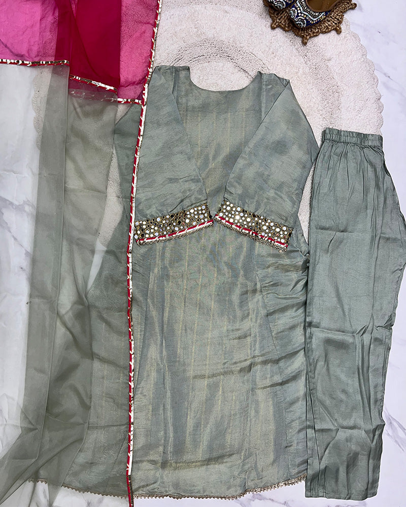 Pista Color Shimmer Silk Three Piece Kurti Suit