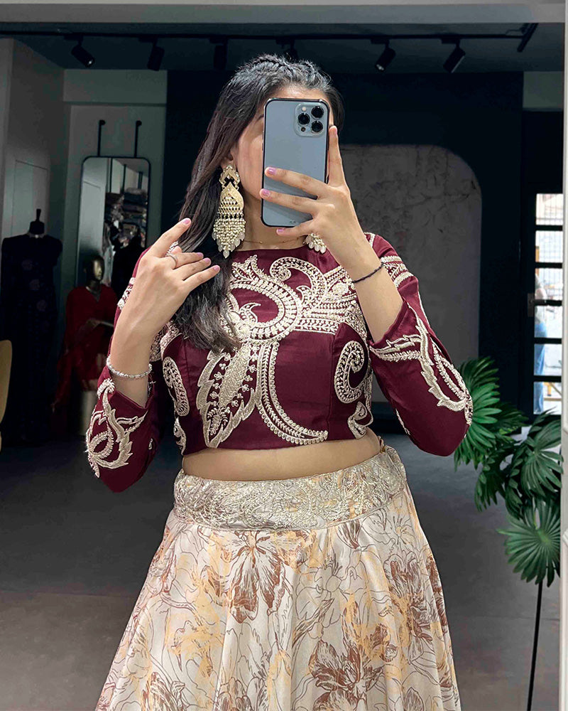 Cream Color Tasar Silk Printed Embroidered Lehenga Choli