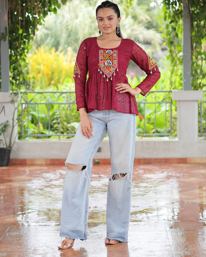Maroon Color Georgette Lucknowi Work Navratri Kediya