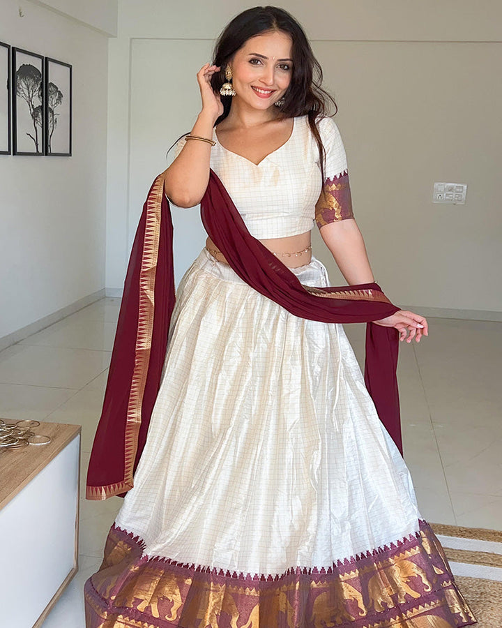White And Maroon Color Poly Cotton Chex Onam Half Saree