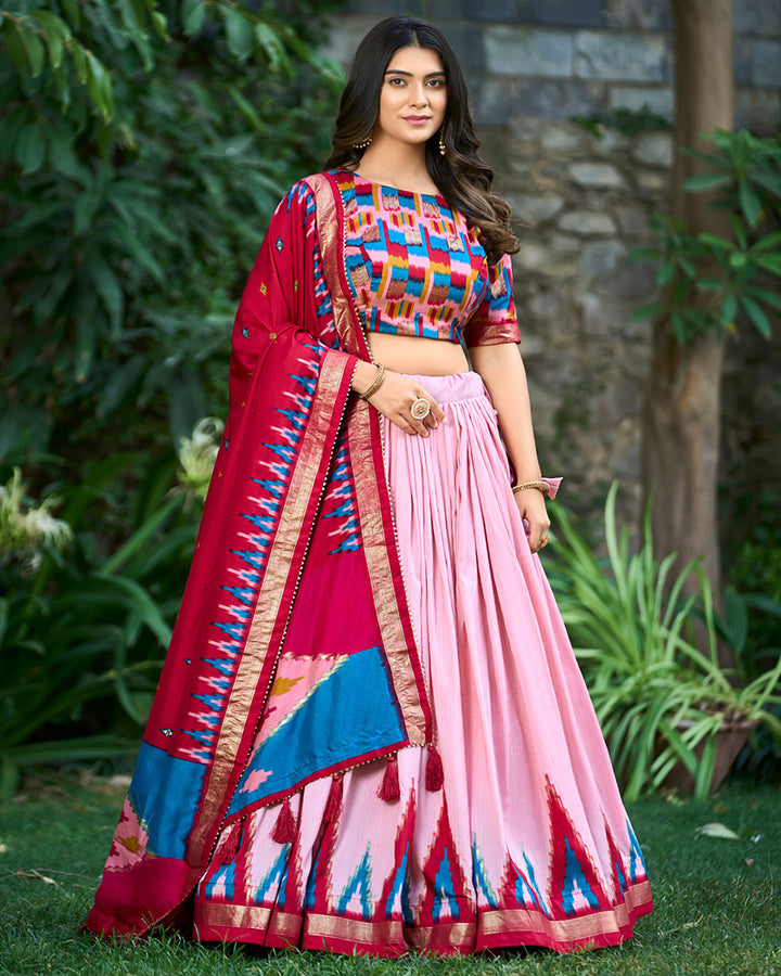 Peach Color Print With Foil Work Tussar Silk Lehenga Choli
