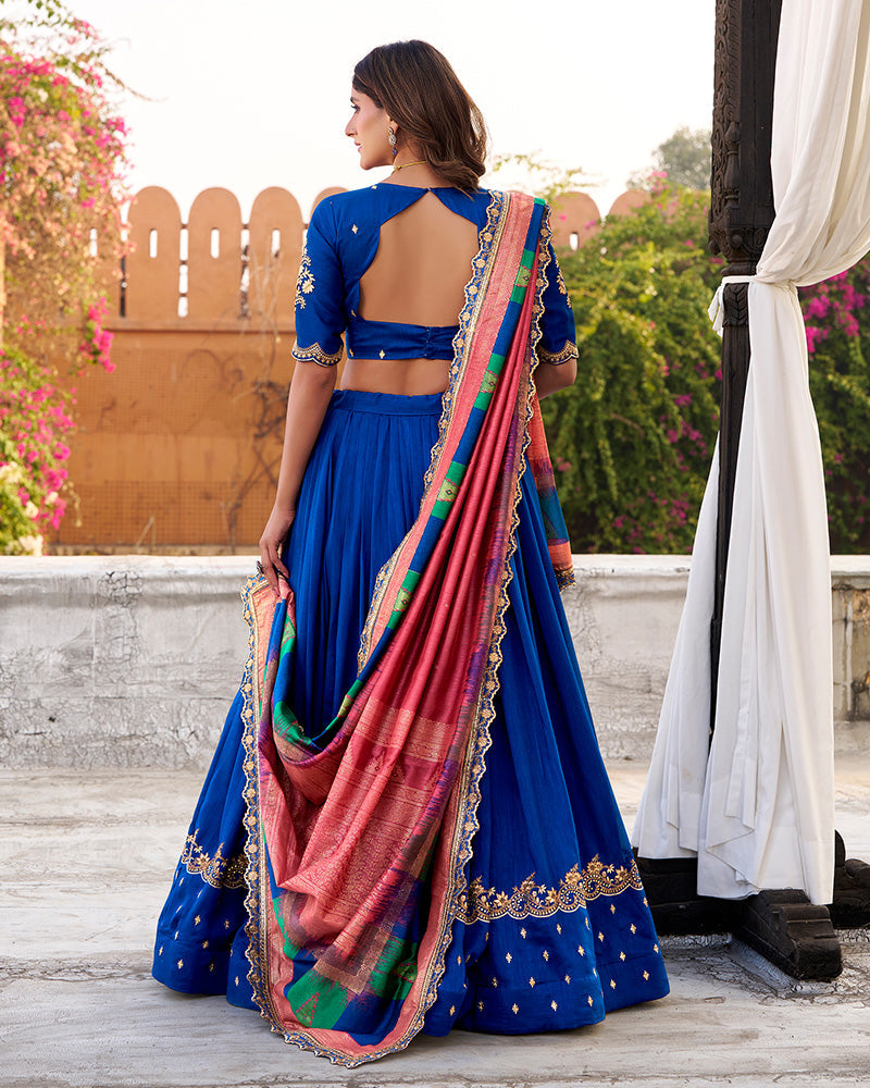 Designer Royal Blue Color Vichitra Silk Embroidered Lehenga Choli