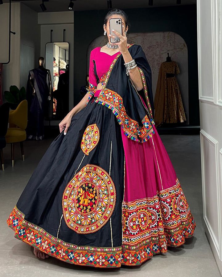 Pink And Black Color Cotton Navratri Lehenga Choli