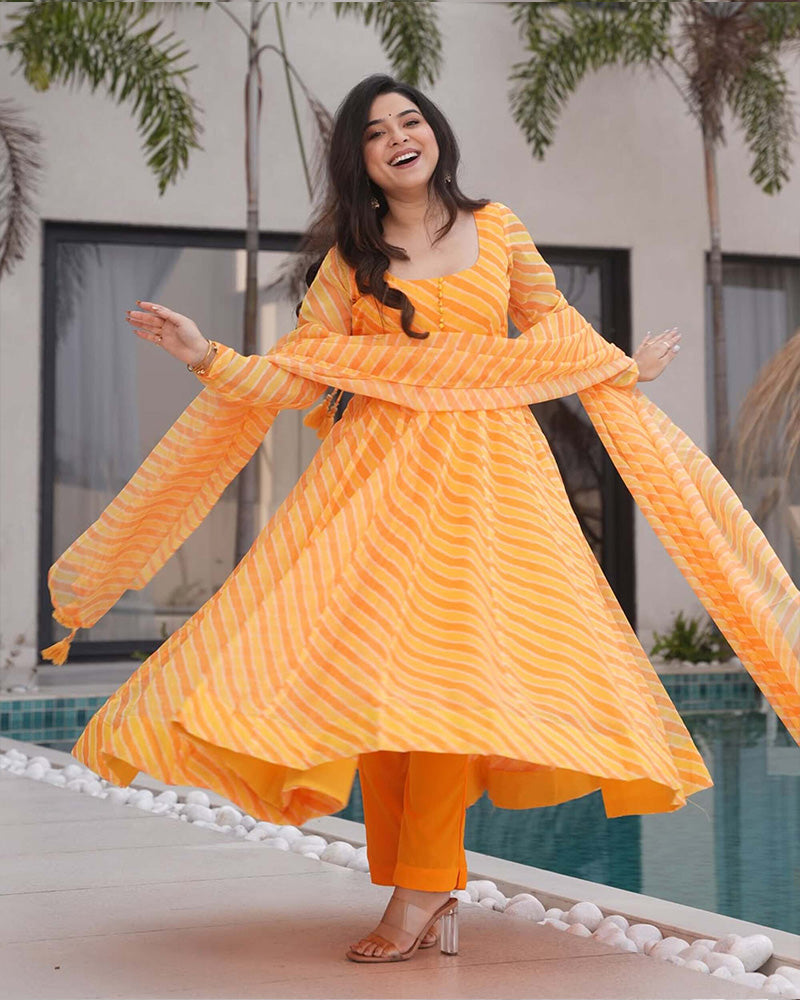 Yellow Color Tabby Organza Three Piece Anarkali Suit