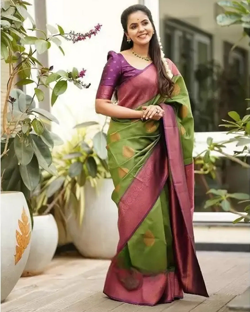 Designer Mehndi Color Jacquard Banarasi Silk Saree