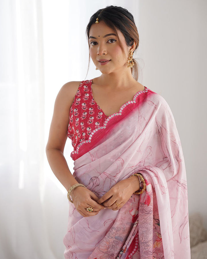 Pink Color Chinnon Silk Printed Saree