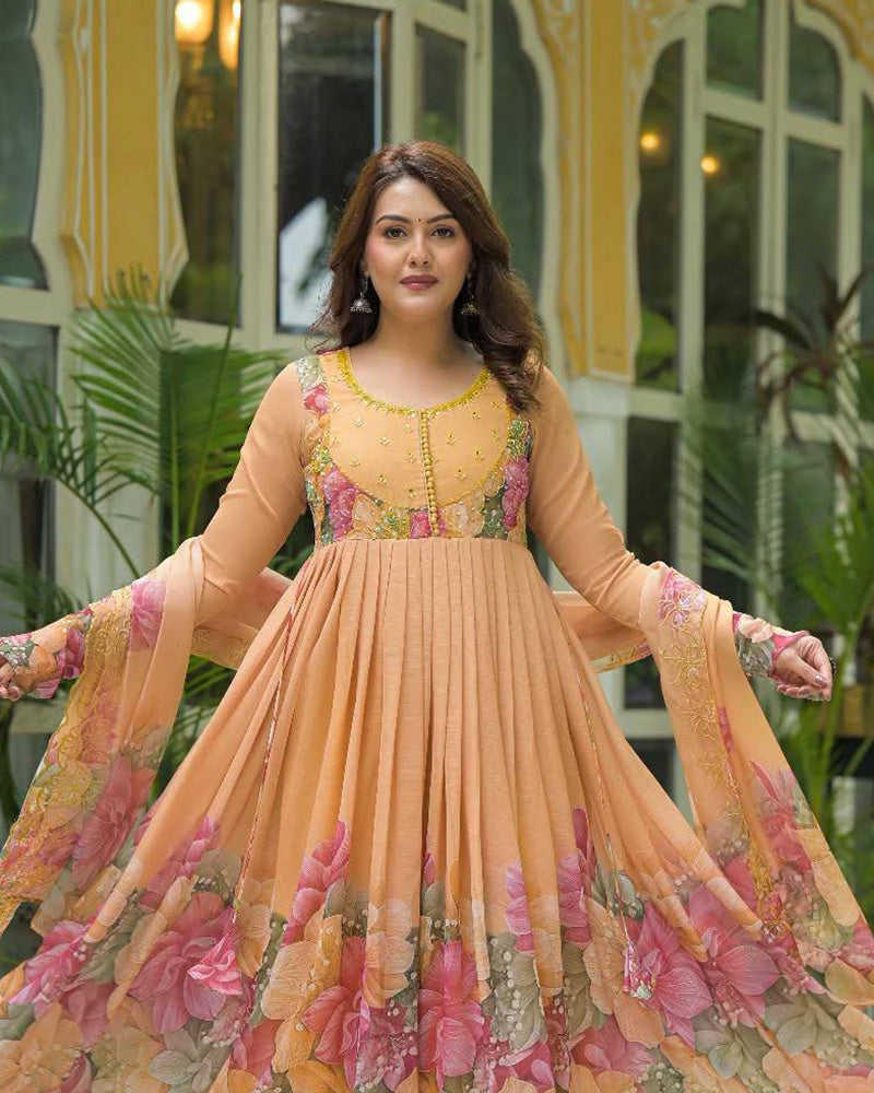 Orange Color Faux Georgette Printred Anarkali Suit