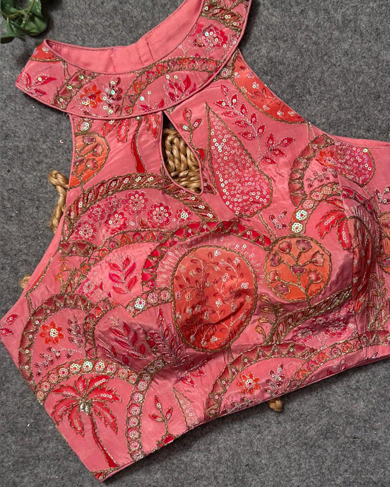 Peach Color Cotton Silk Embroidered Blouse