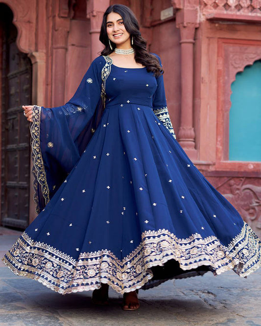 Ethnic Blue Color Georgette Sequence Embroidered Gown