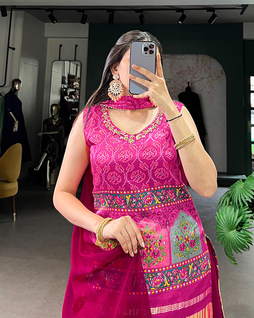 Designer Pink Color Gaji Silk Three Piece Plazzo Suit