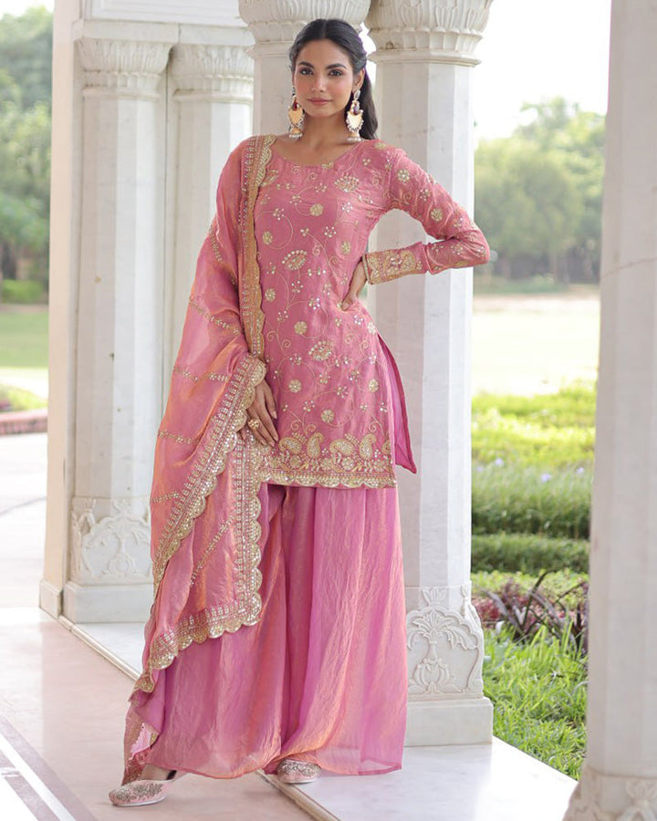 Baby Pink Color Fendi Silk Embroidered Sharara Suit