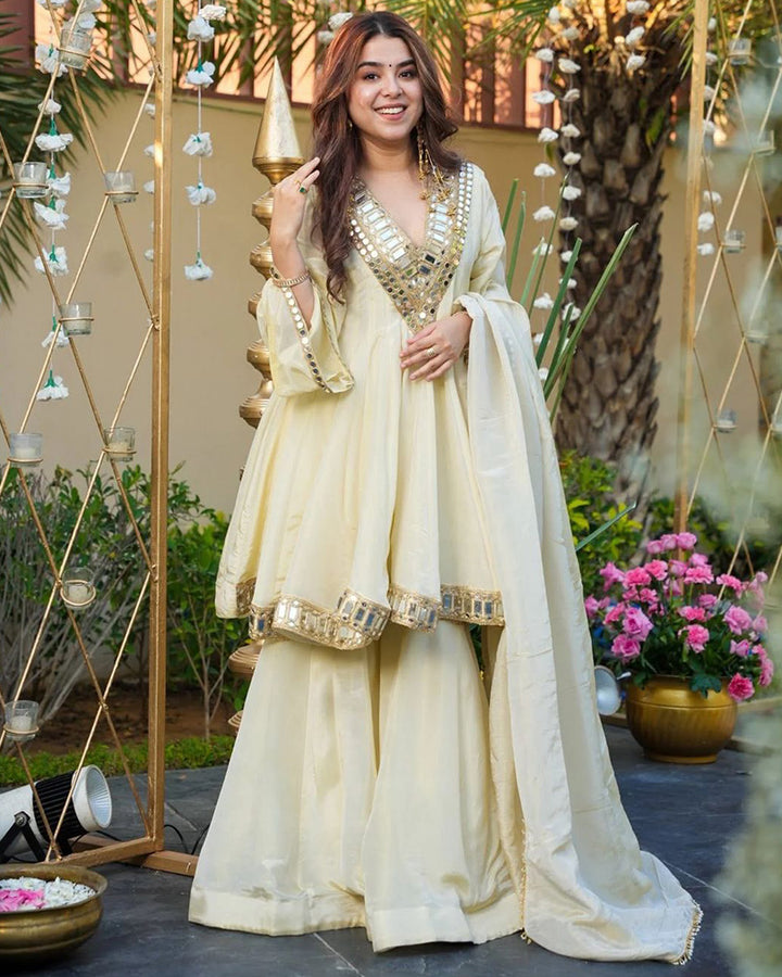 Off White Color Viscose Cosmos Plazzo Suit